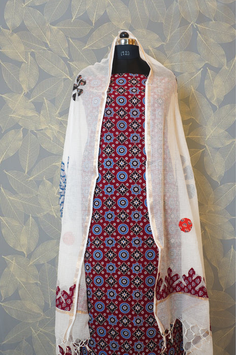 Red, Blue & White Cotton Dress Material