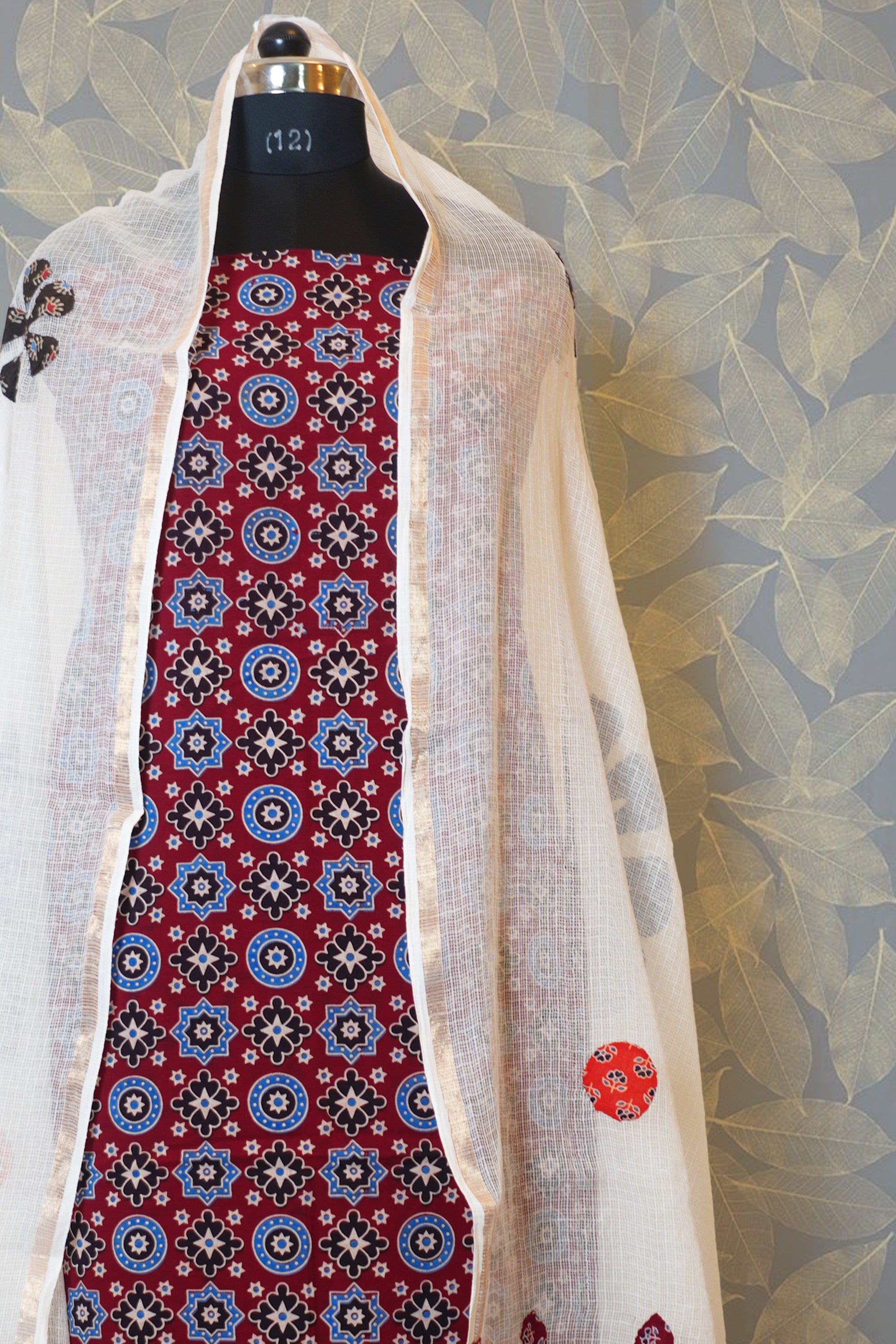 Red, Blue & White Cotton Dress Material