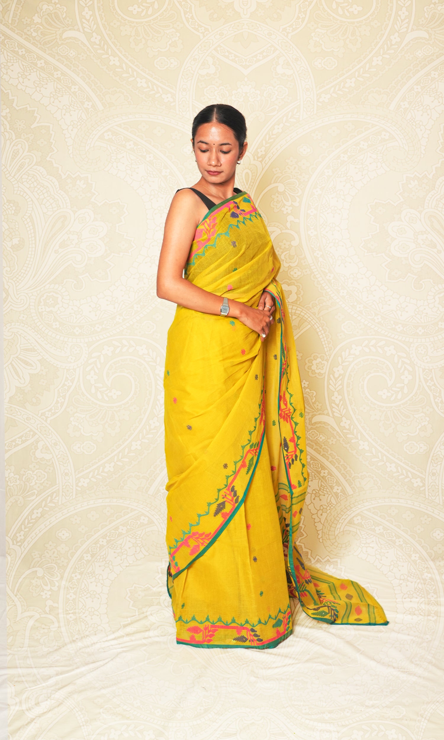 Lime Green Cotton Saree Without Blouse Piece