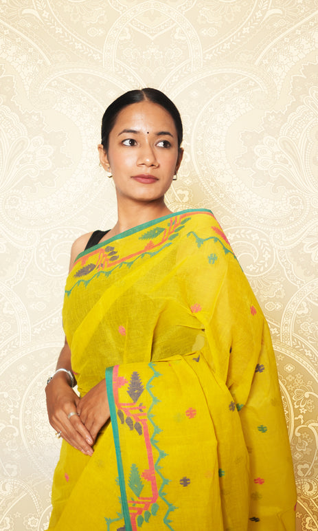 Lime Green Cotton Saree Without Blouse Piece