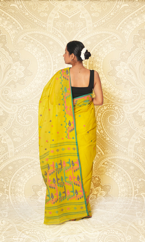 Lime Green Cotton Saree Without Blouse Piece