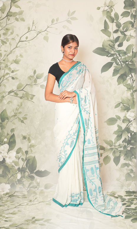 White & Sky Blue Cotton Jamdani Saree Without Blouse Piece