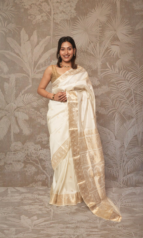 White With Gold Zari Work Swarnachari Silk  Saree