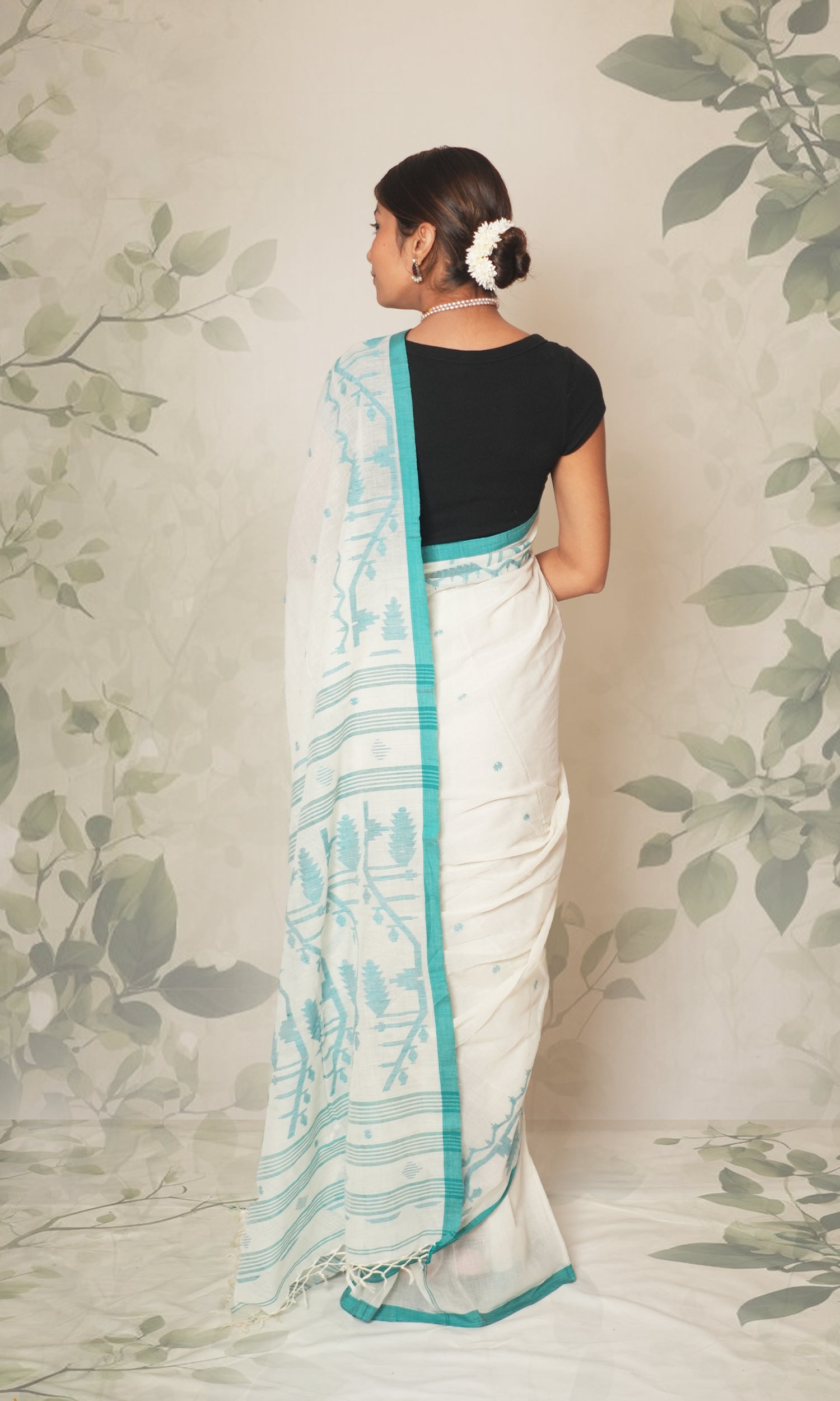 White & Sky Blue Cotton Jamdani Saree Without Blouse Piece