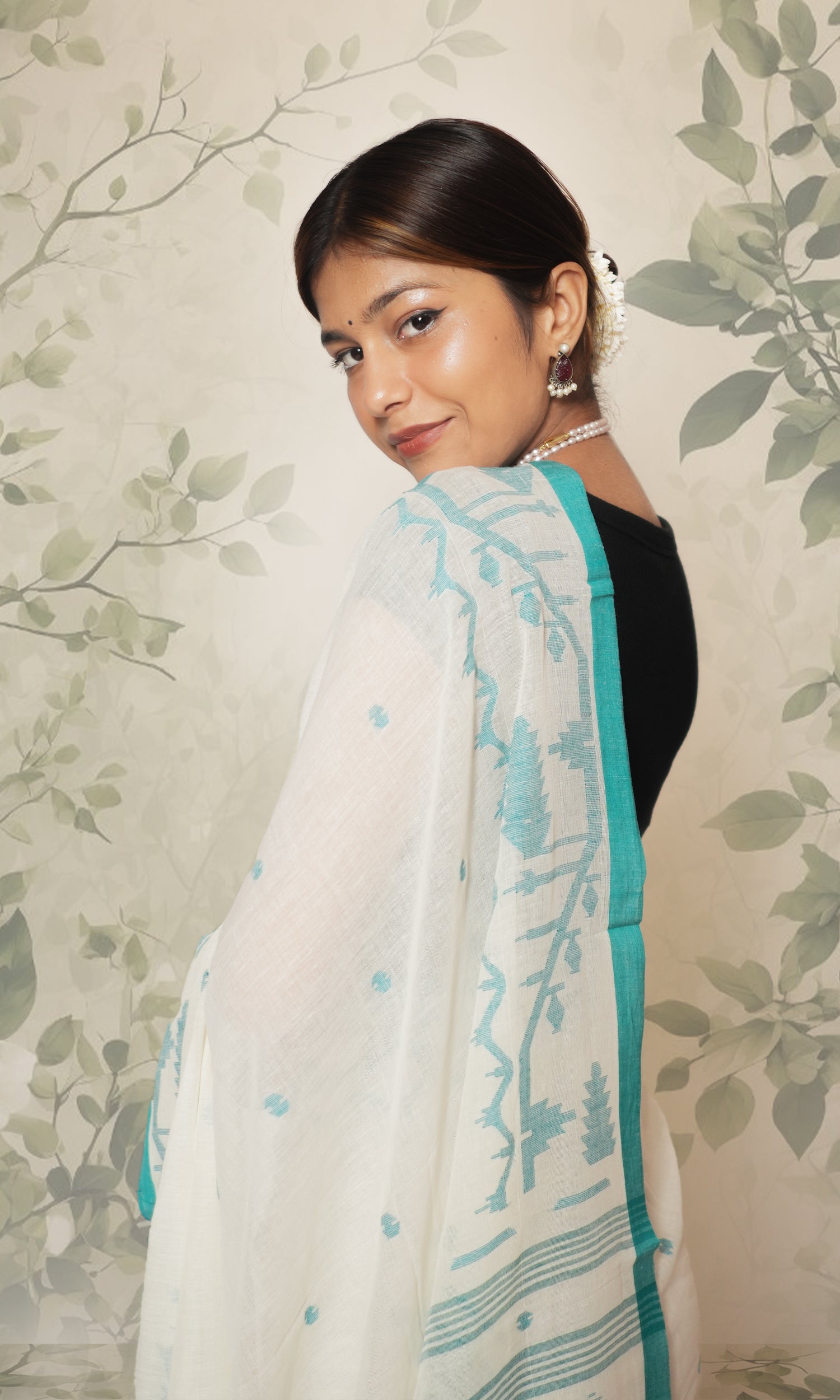 White & Sky Blue Cotton Jamdani Saree Without Blouse Piece