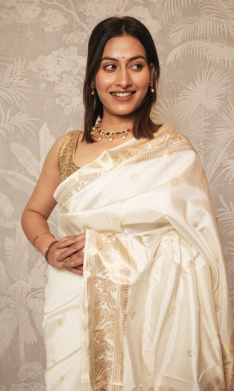 White With Gold Zari Work Swarnachari Silk  Saree