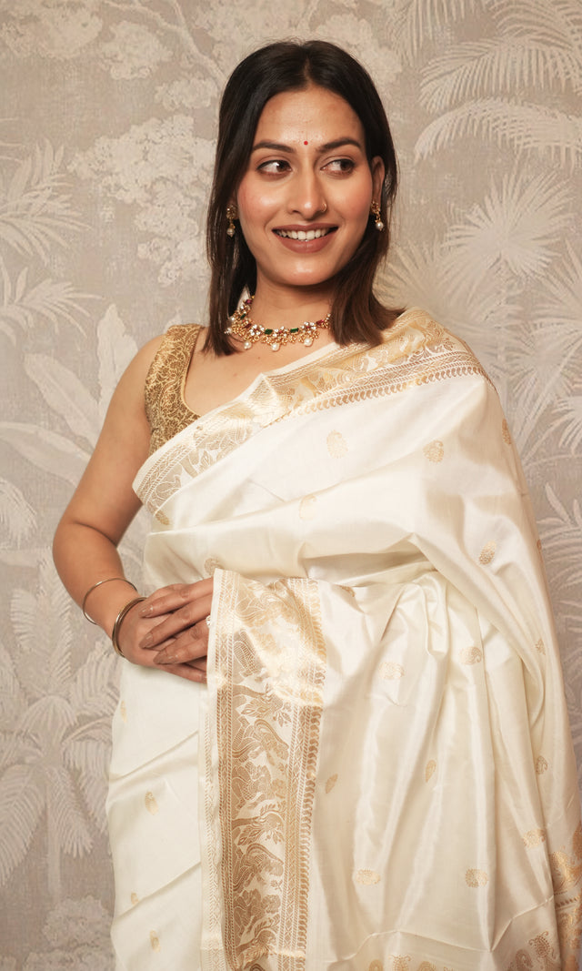 White With Gold Zari Work Swarnachari Silk  Saree