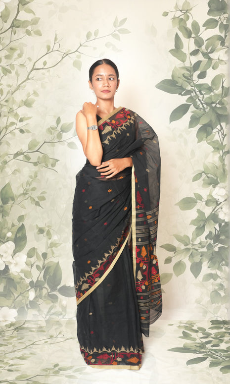 Black Red & Yellow Cotton Jamdani Saree Without Blouse Piece