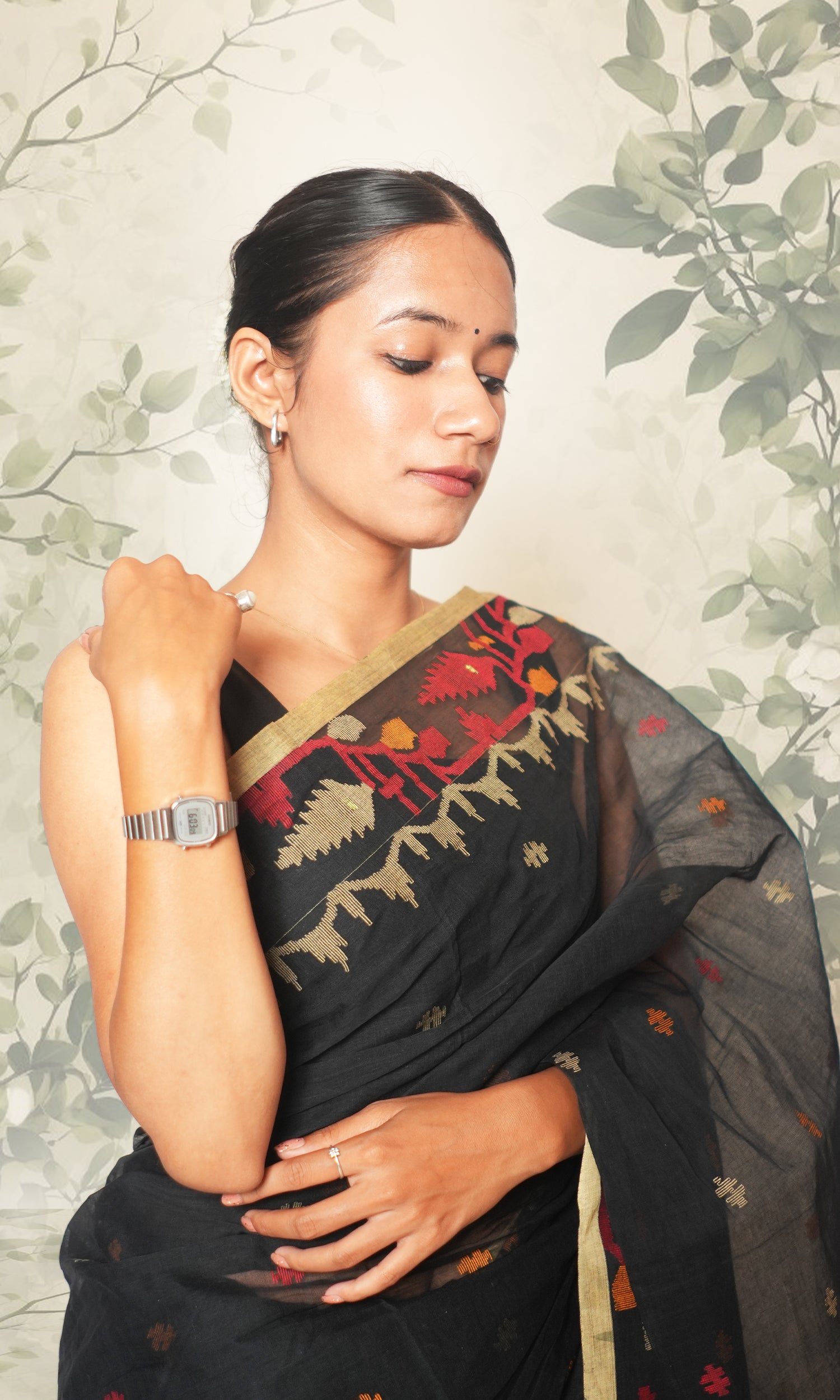 Black Red & Yellow Cotton Jamdani Saree Without Blouse Piece