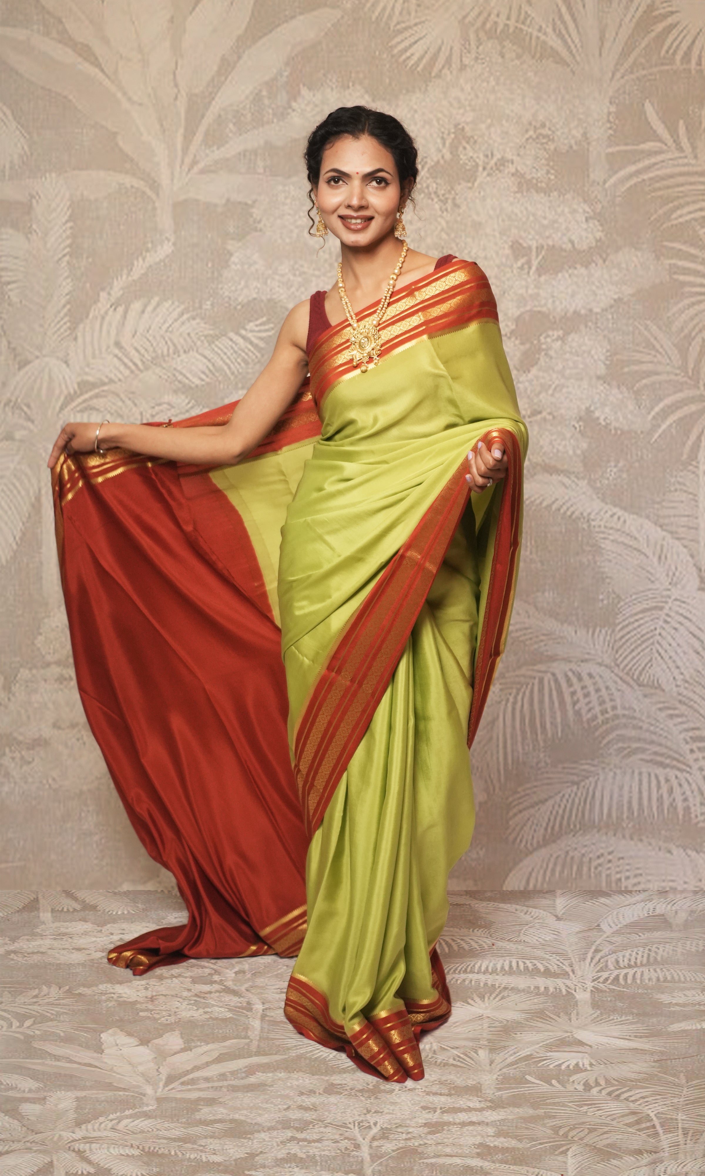 Light Green And Rust Orange Mysore Silk Saree