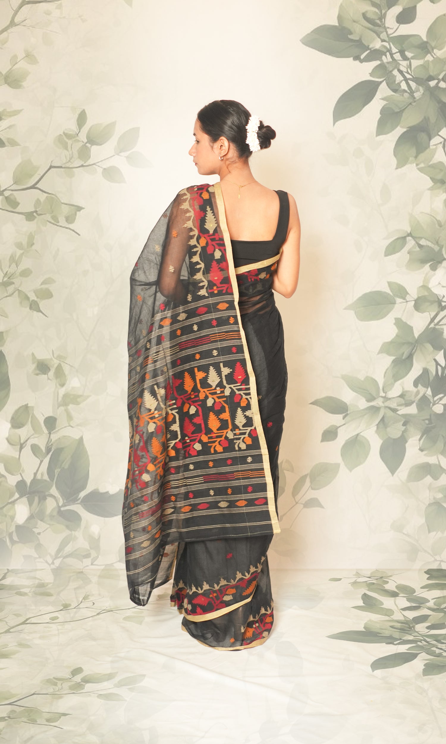 Black Red & Yellow Cotton Jamdani Saree Without Blouse Piece