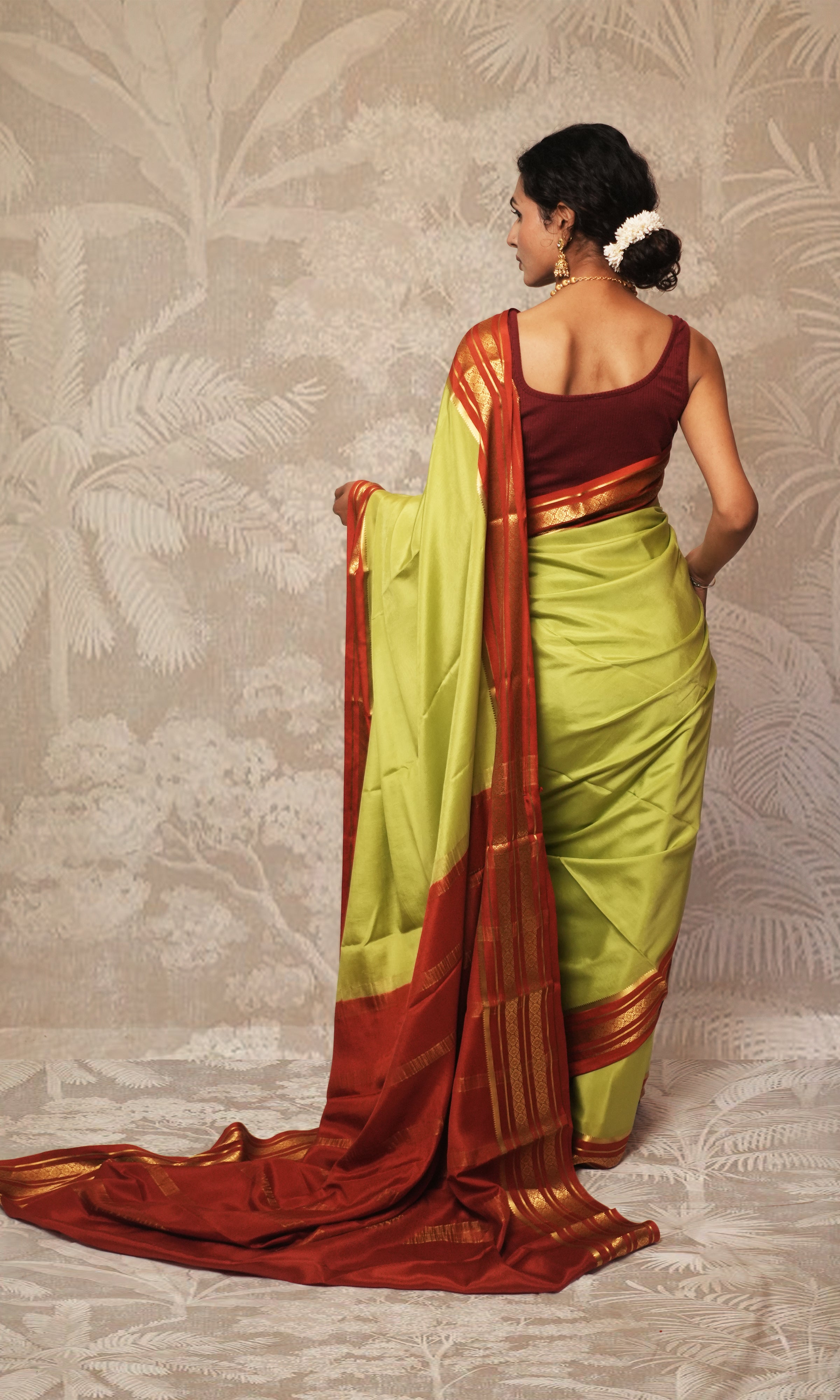 Light Green And Rust Orange Mysore Silk Saree