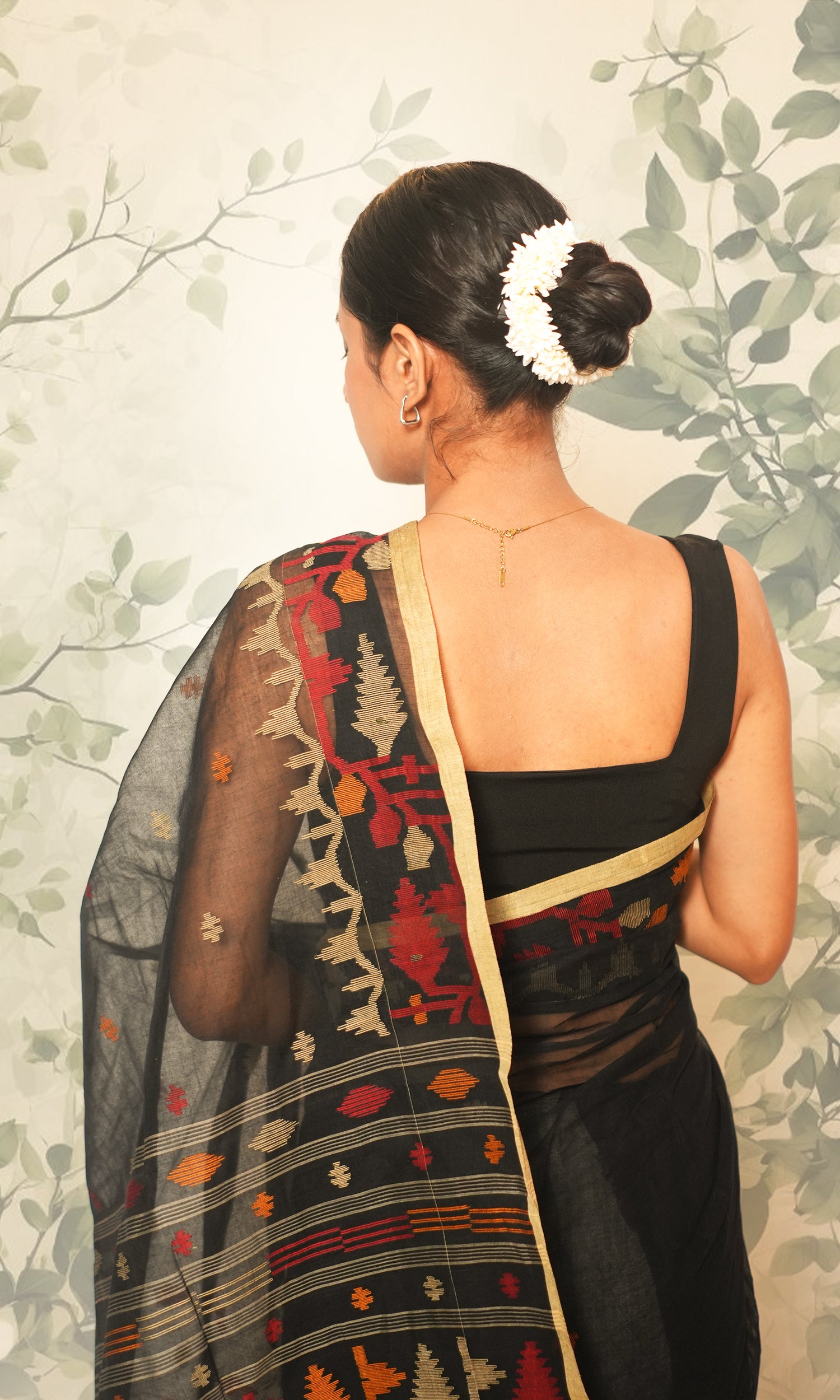 Black Red & Yellow Cotton Jamdani Saree Without Blouse Piece