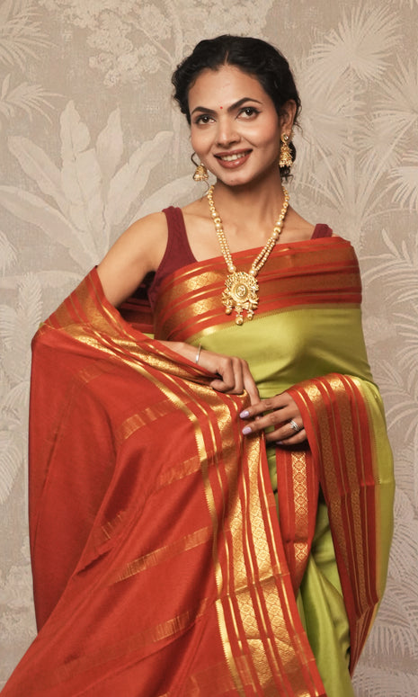 Light Green And Rust Orange Mysore Silk Saree