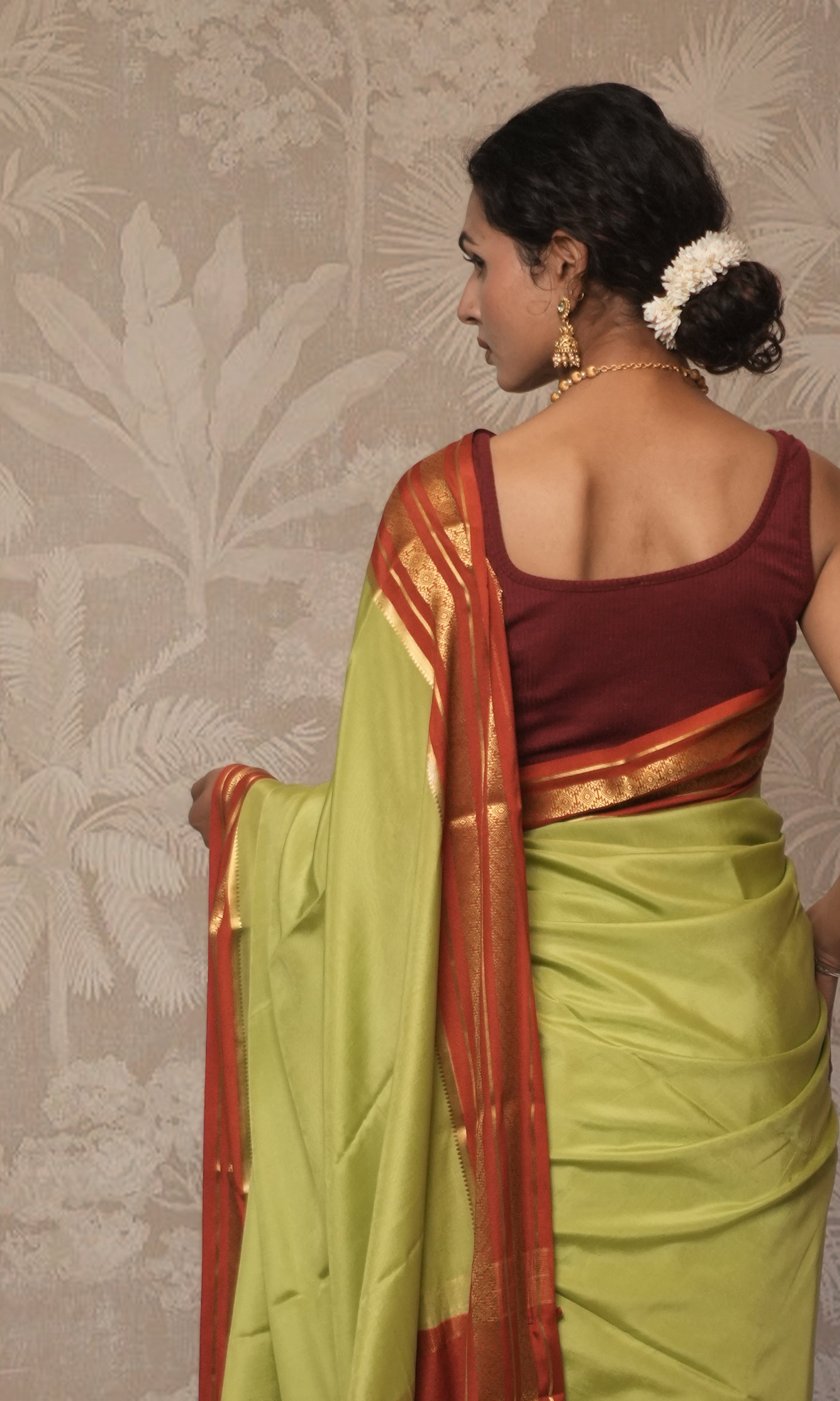 Light Green And Rust Orange Mysore Silk Saree