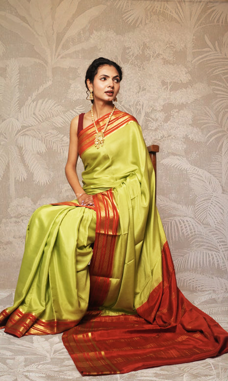 Light Green And Rust Orange Mysore Silk Saree