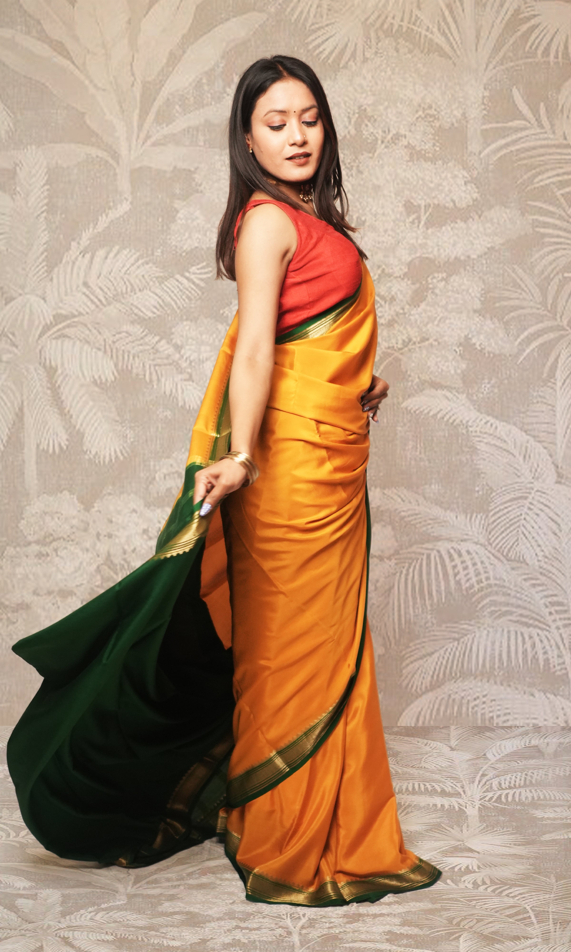 Deep Yellow And Green Mysore Silk Saree