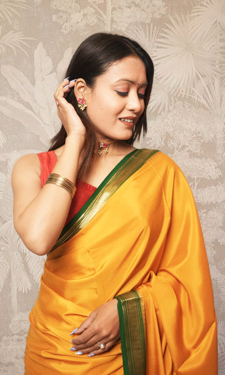 Deep Yellow And Green Mysore Silk Saree