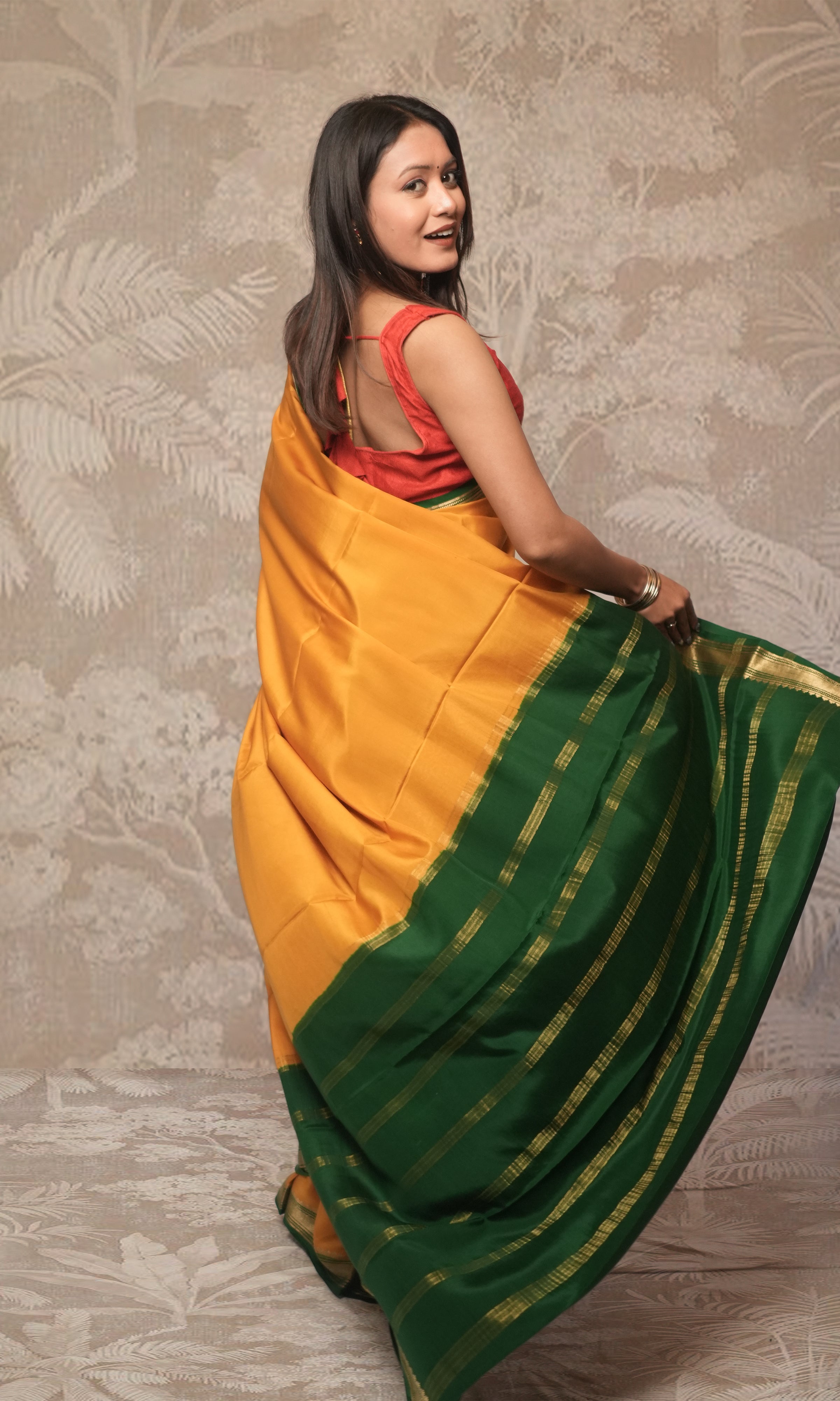 Deep Yellow And Green Mysore Silk Saree
