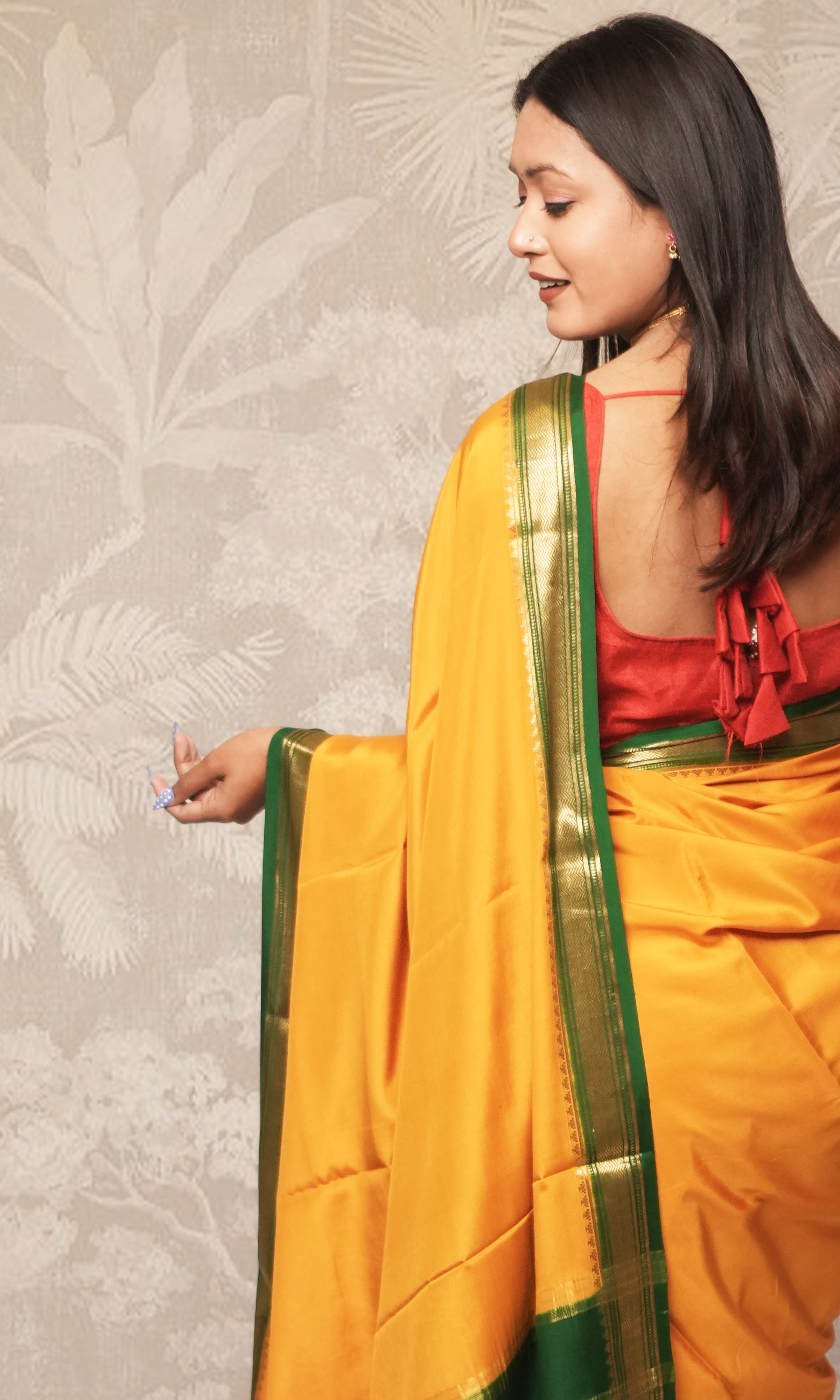Deep Yellow And Green Mysore Silk Saree