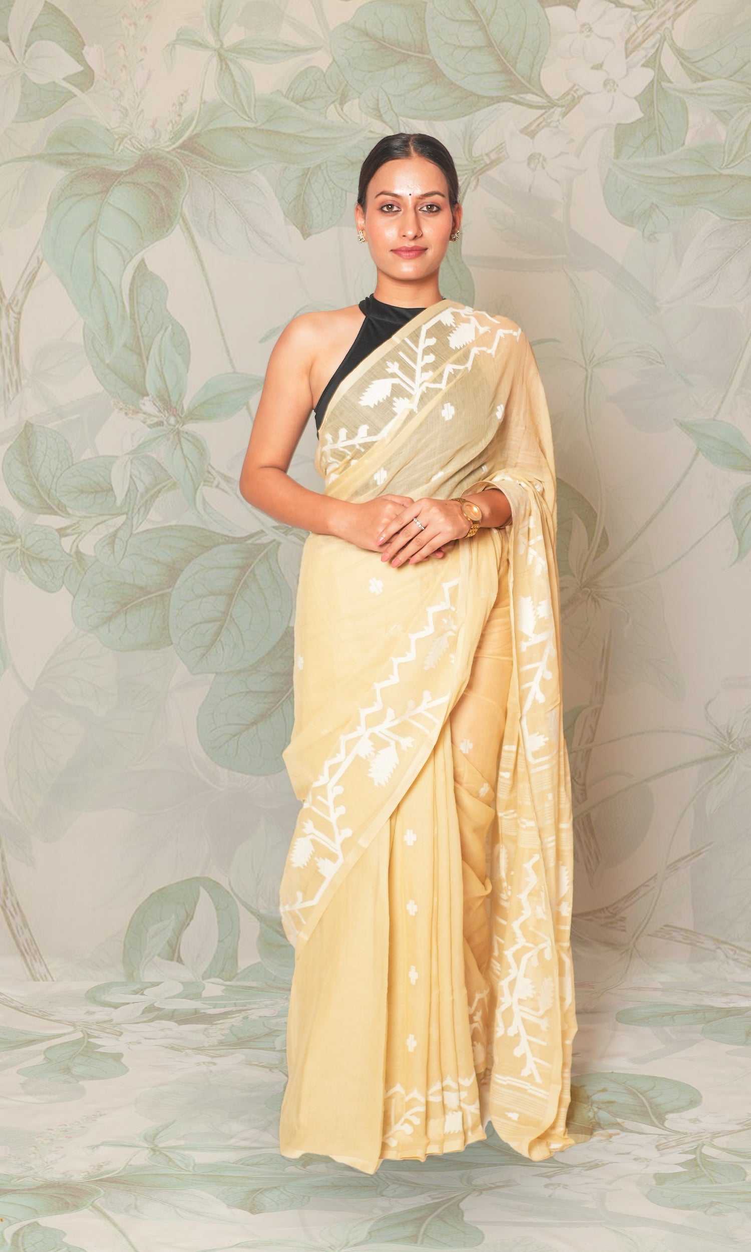 Light Bright Cream Jamdani Saree Without Blouse Piece