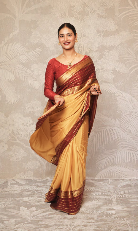 Gold Yellow And Maroon Mysore Silk Saree