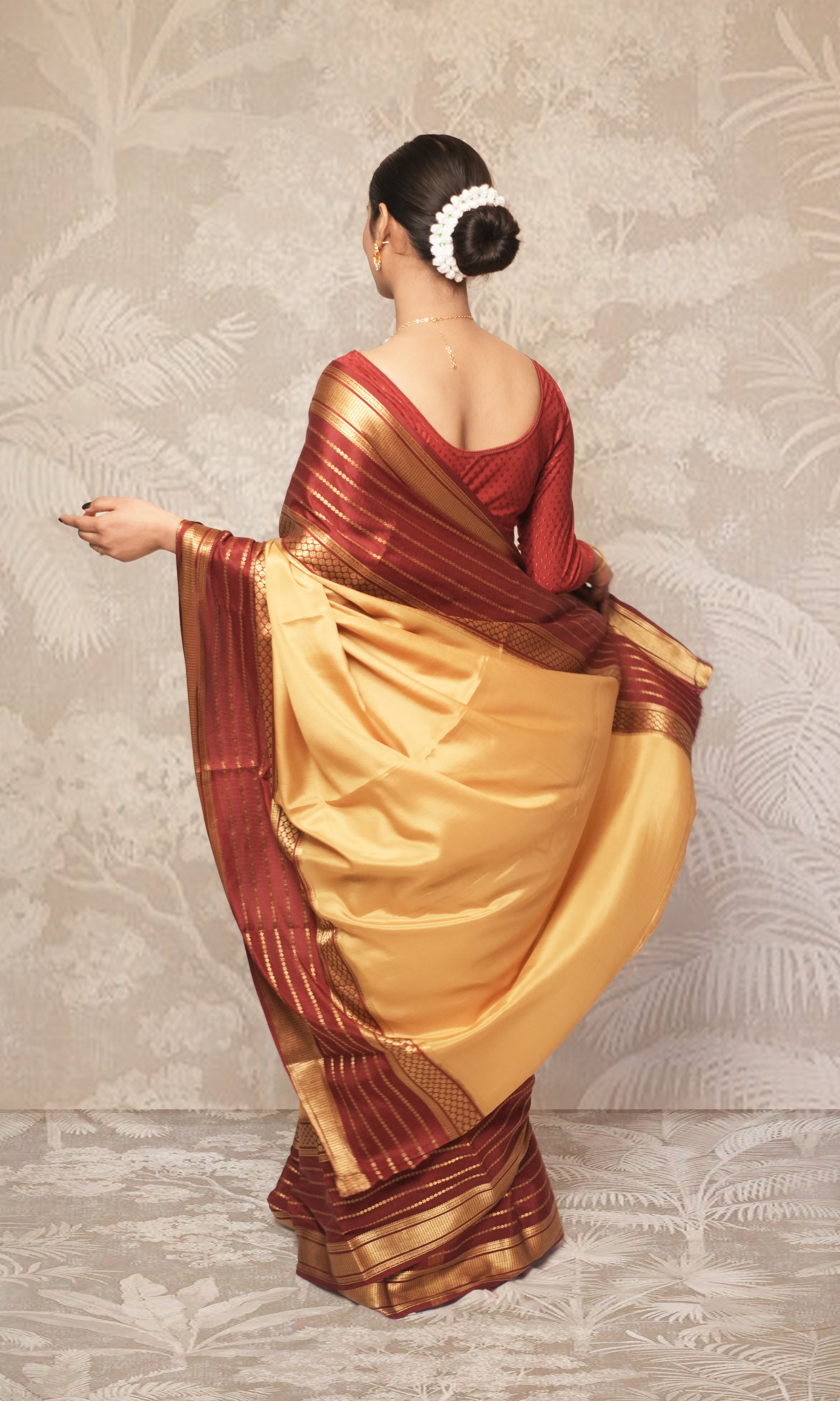 Gold Yellow And Maroon Mysore Silk Saree