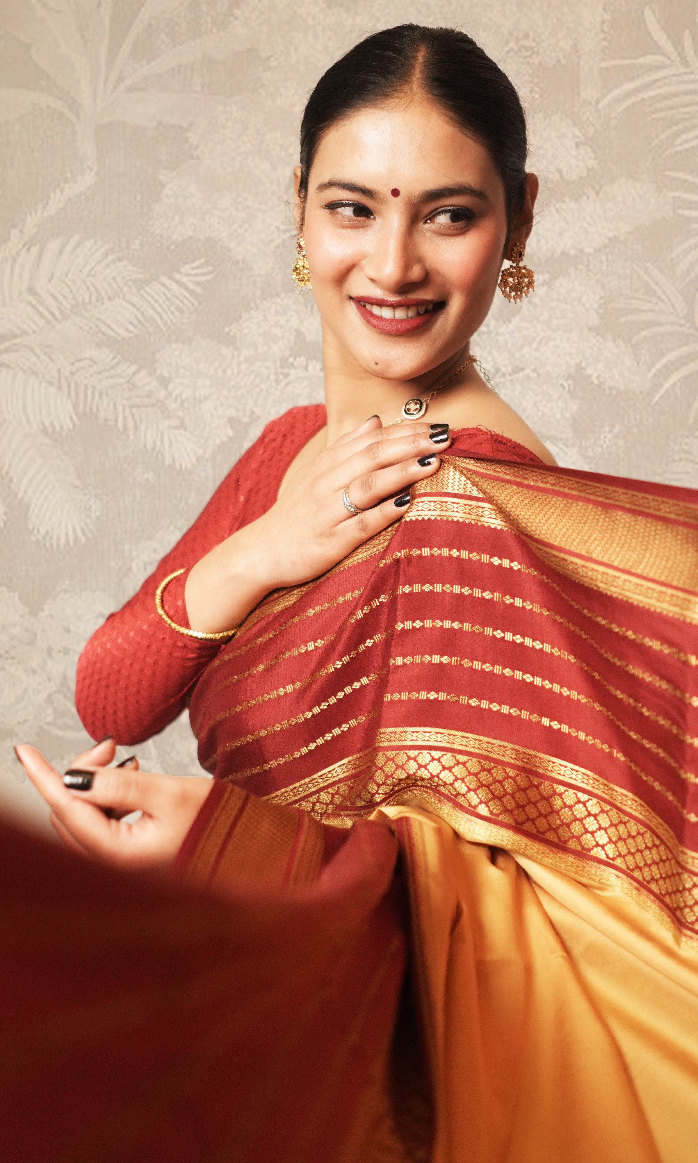 Gold Yellow And Maroon Mysore Silk Saree