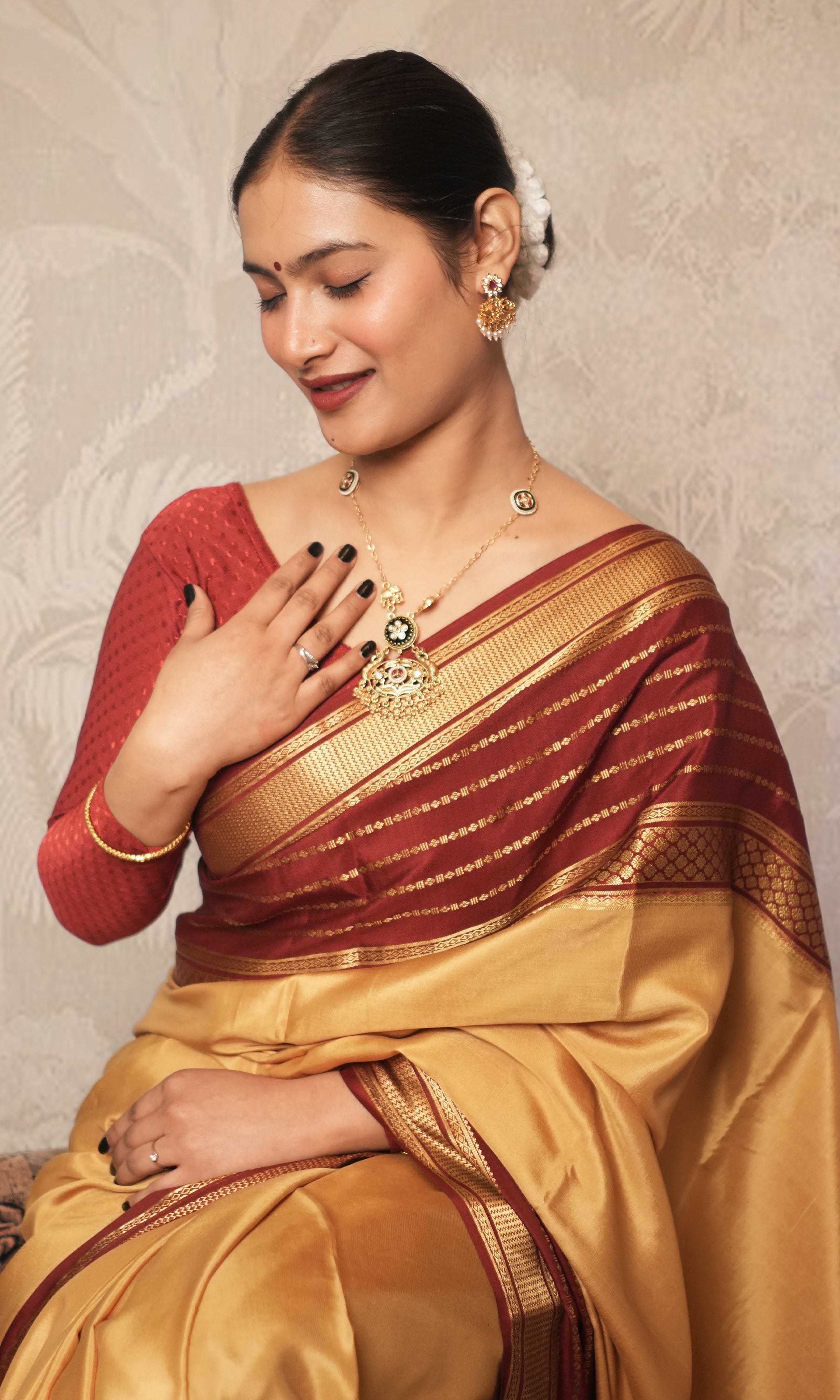 Gold Yellow And Maroon Mysore Silk Saree
