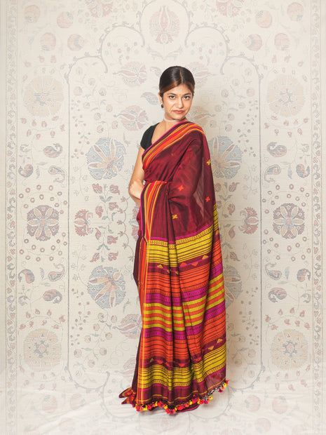 Maroon & Multicolored Stripes Bhujodi Pattern Weave Cotton Saree With Blouse Piece