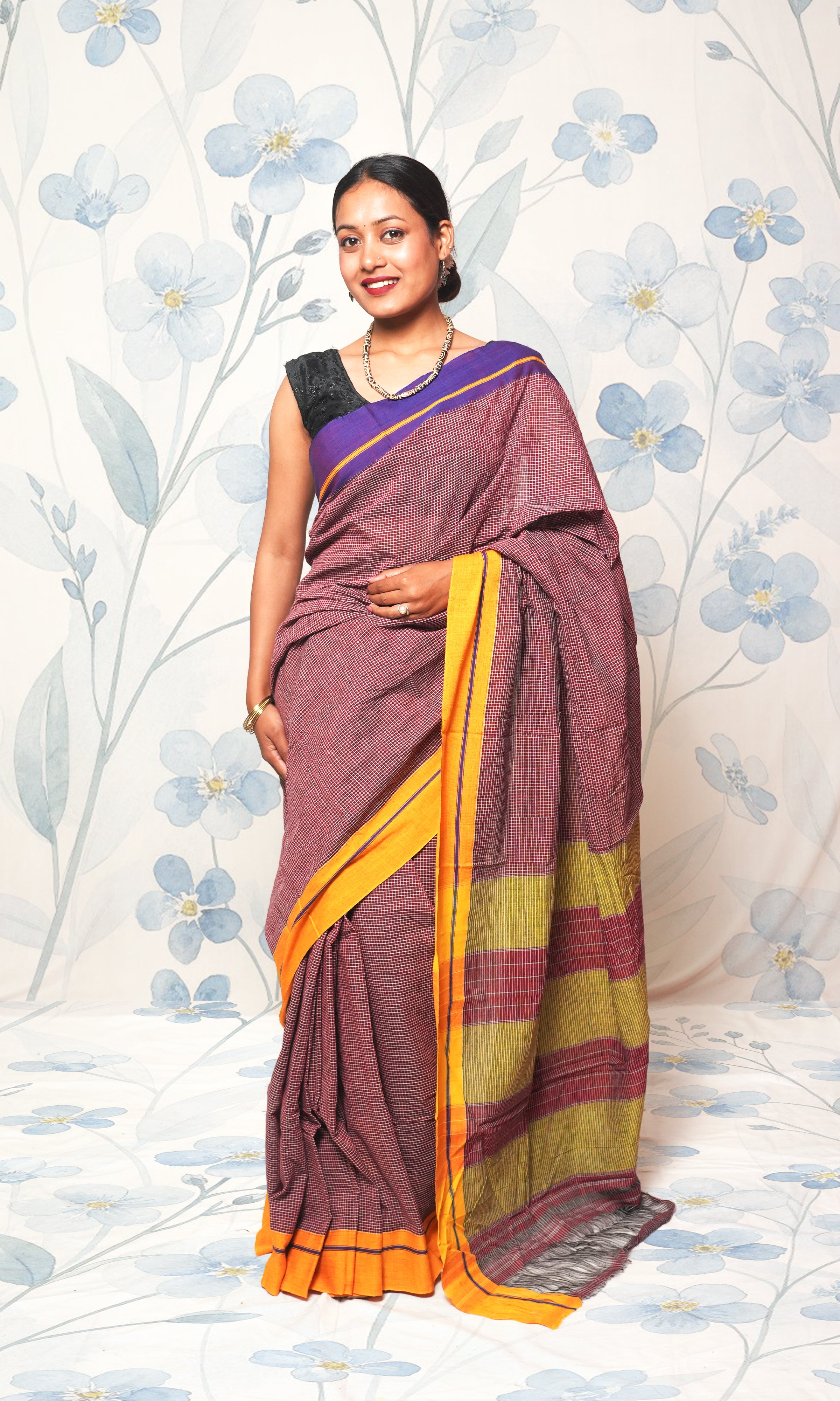 Earthy Brown And Purple Patteda Anchu Cotton Saree