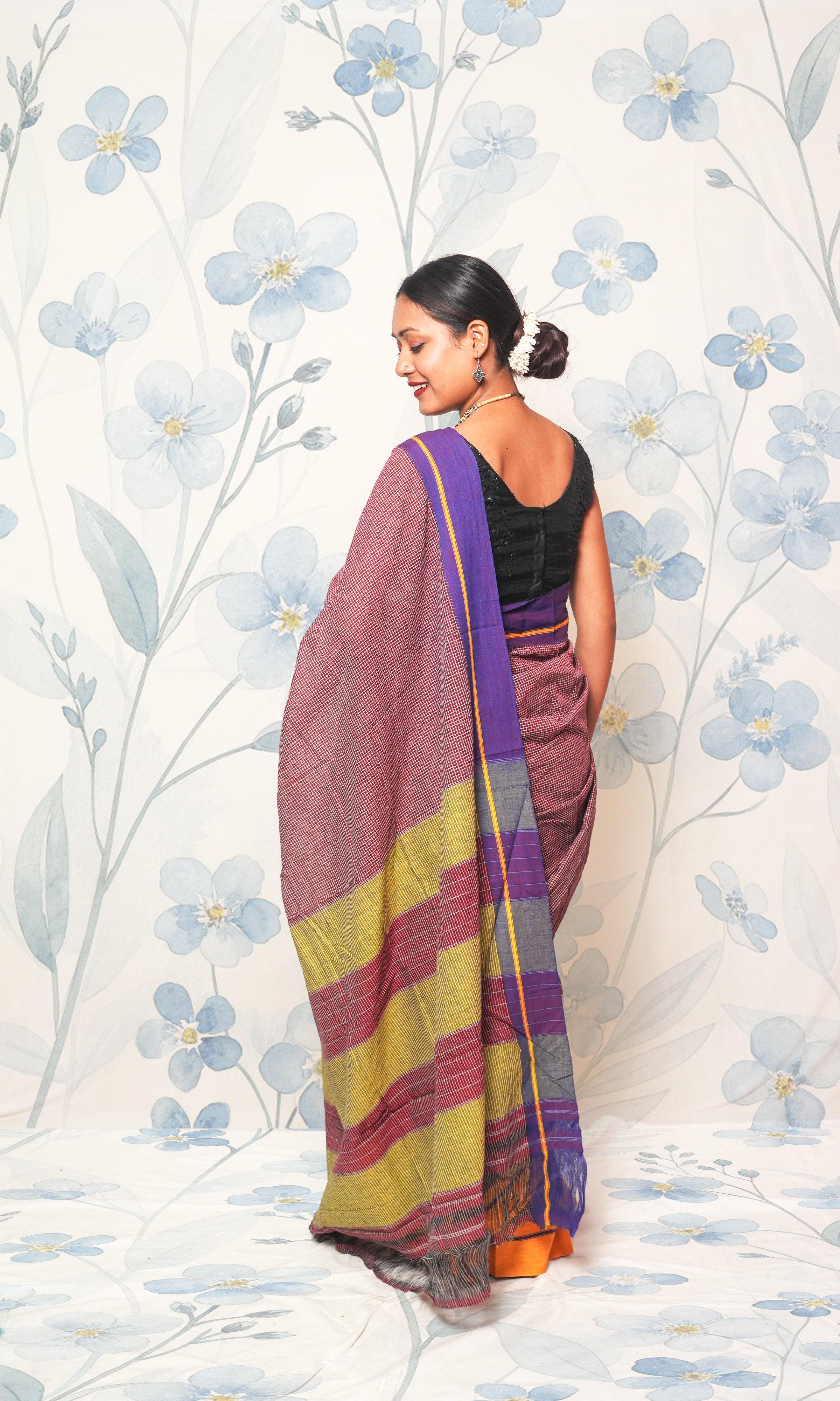 Earthy Brown And Purple Patteda Anchu Cotton Saree
