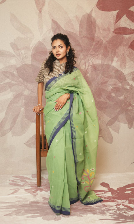 Light Pista Green And Blue Cotton Jamdani Saree
