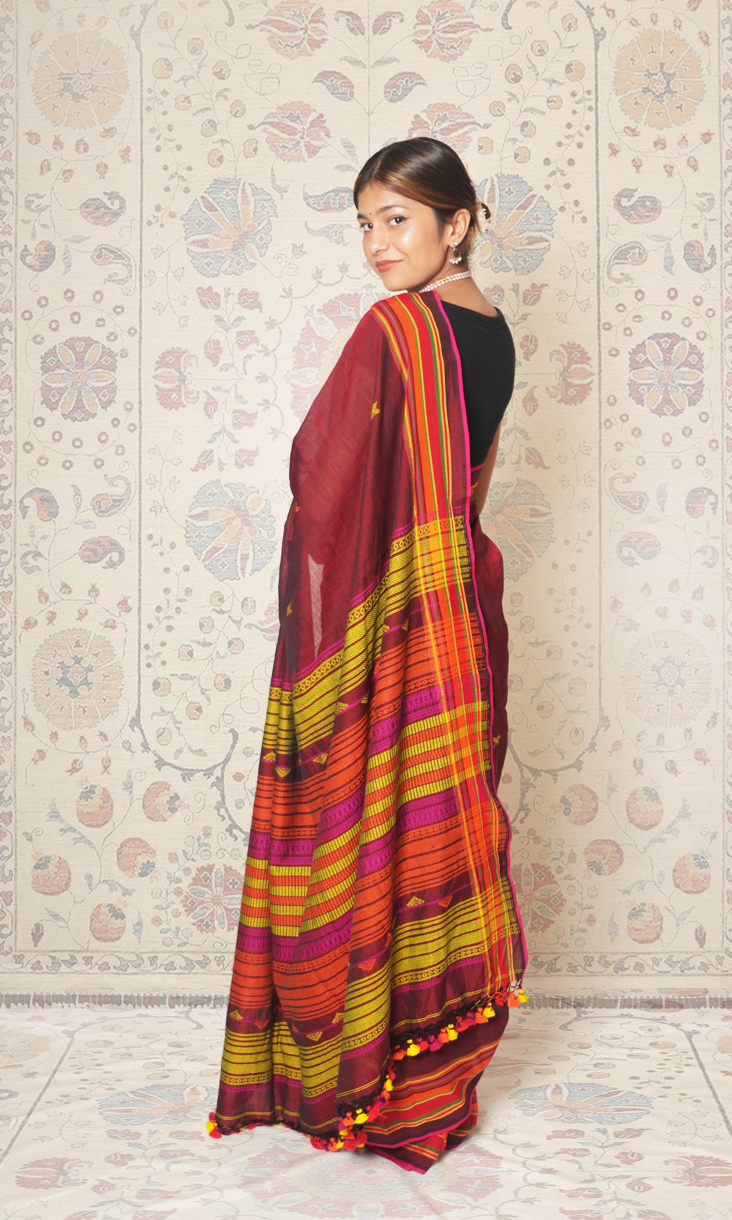 Maroon & Multicolored Stripes Bhujodi Pattern Weave Cotton Saree With Blouse Piece