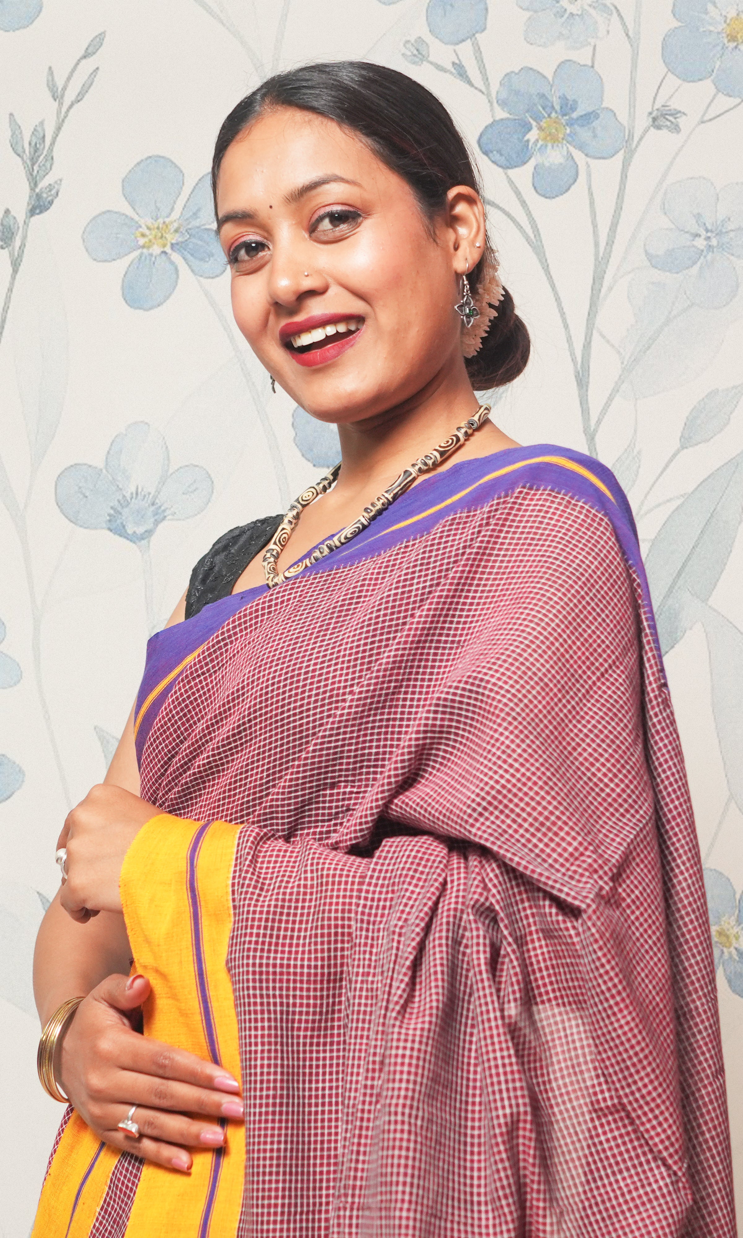 Earthy Brown And Purple Patteda Anchu Cotton Saree