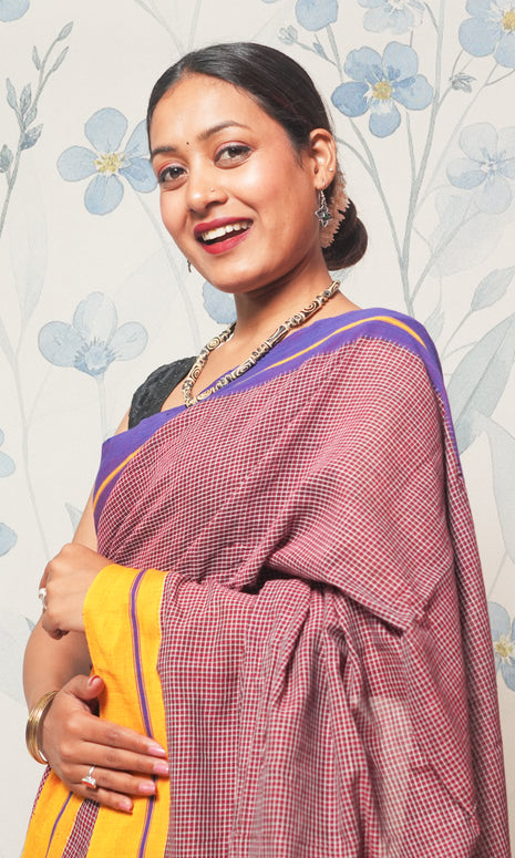 Earthy Brown And Purple Patteda Anchu Cotton Saree