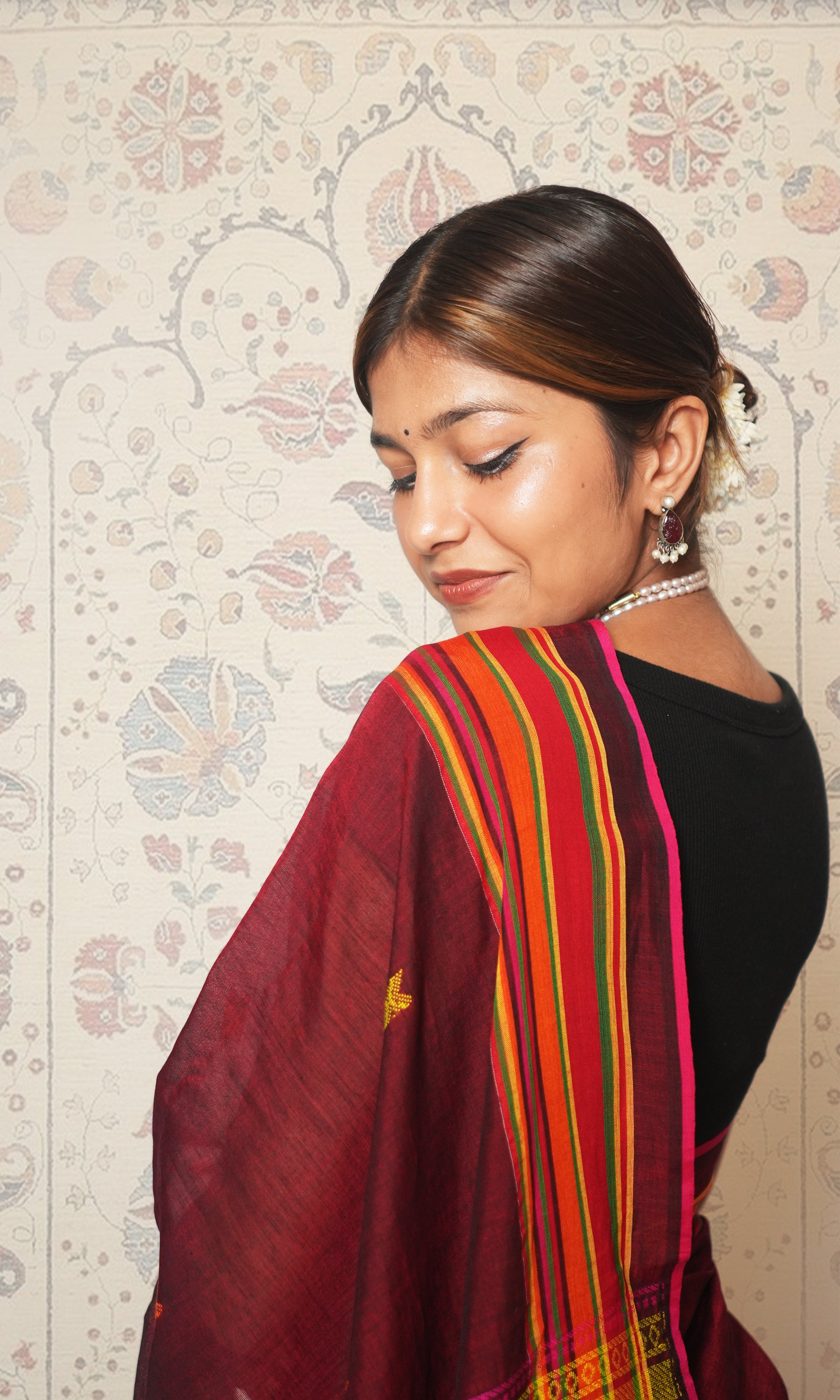Maroon & Multicolored Stripes Bhujodi Pattern Weave Cotton Saree With Blouse Piece