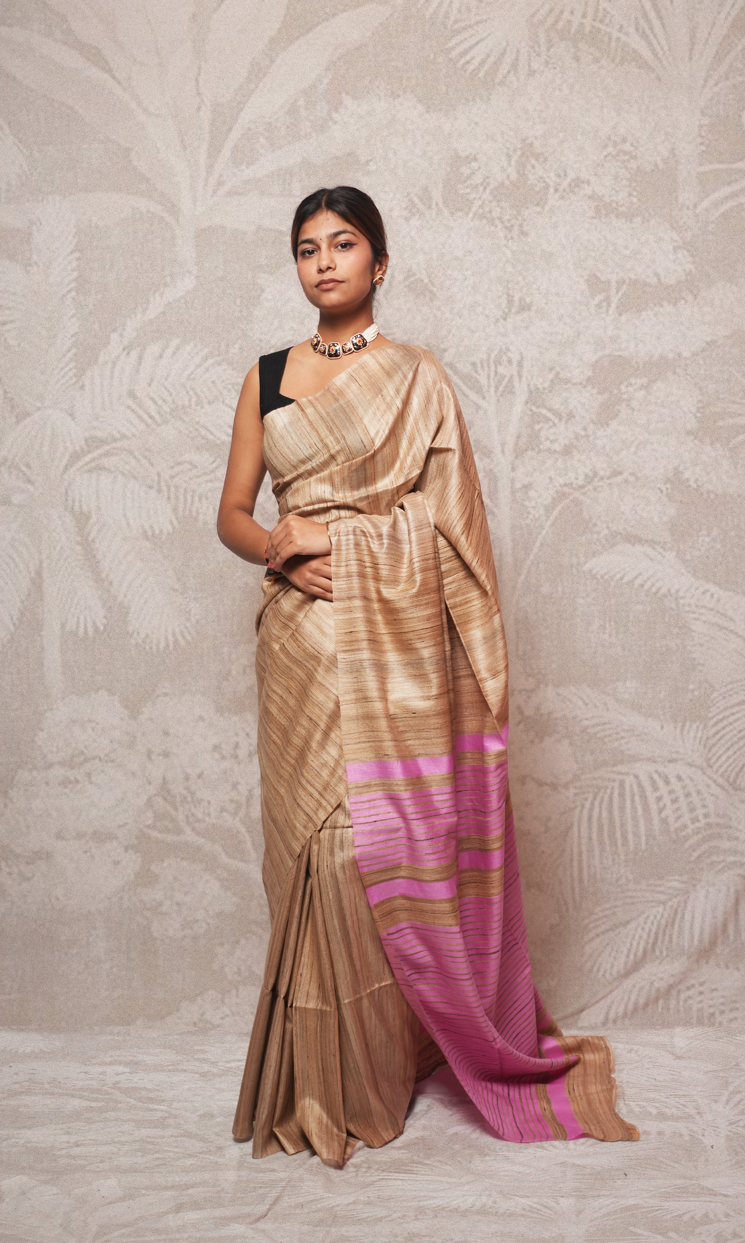 Beautiful Baby Pink  And Raw Gold Gicha Tussar Silk Saree