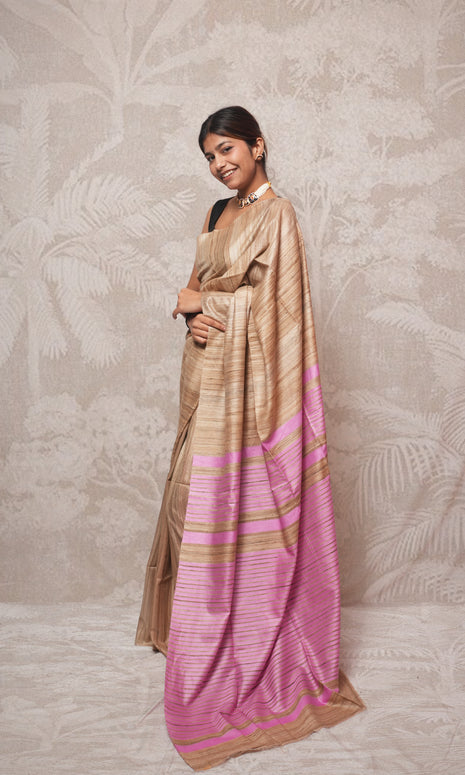 Beautiful Baby Pink  And Raw Gold Gicha Tussar Silk Saree