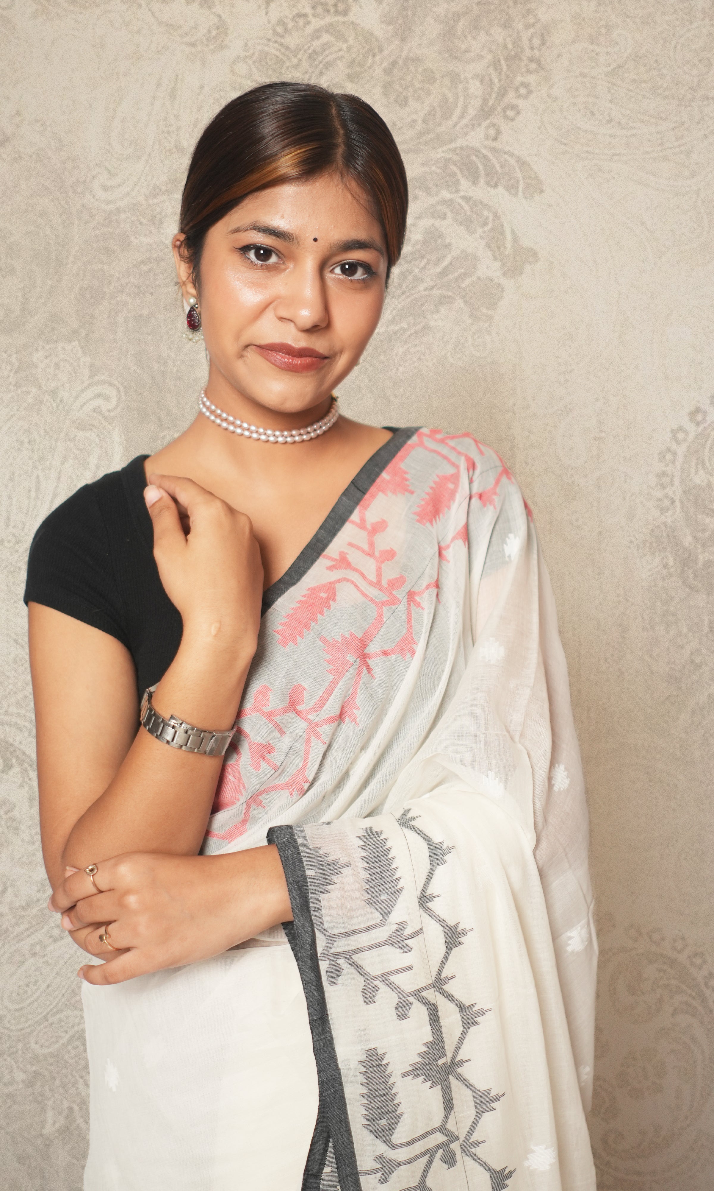 White & Black Cotton Jamdani Saree Without Blouse Piece