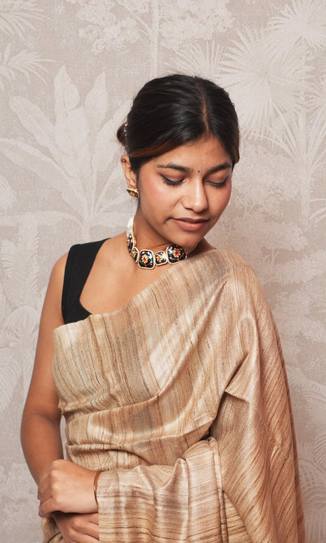 Beautiful Baby Pink  And Raw Gold Gicha Tussar Silk Saree