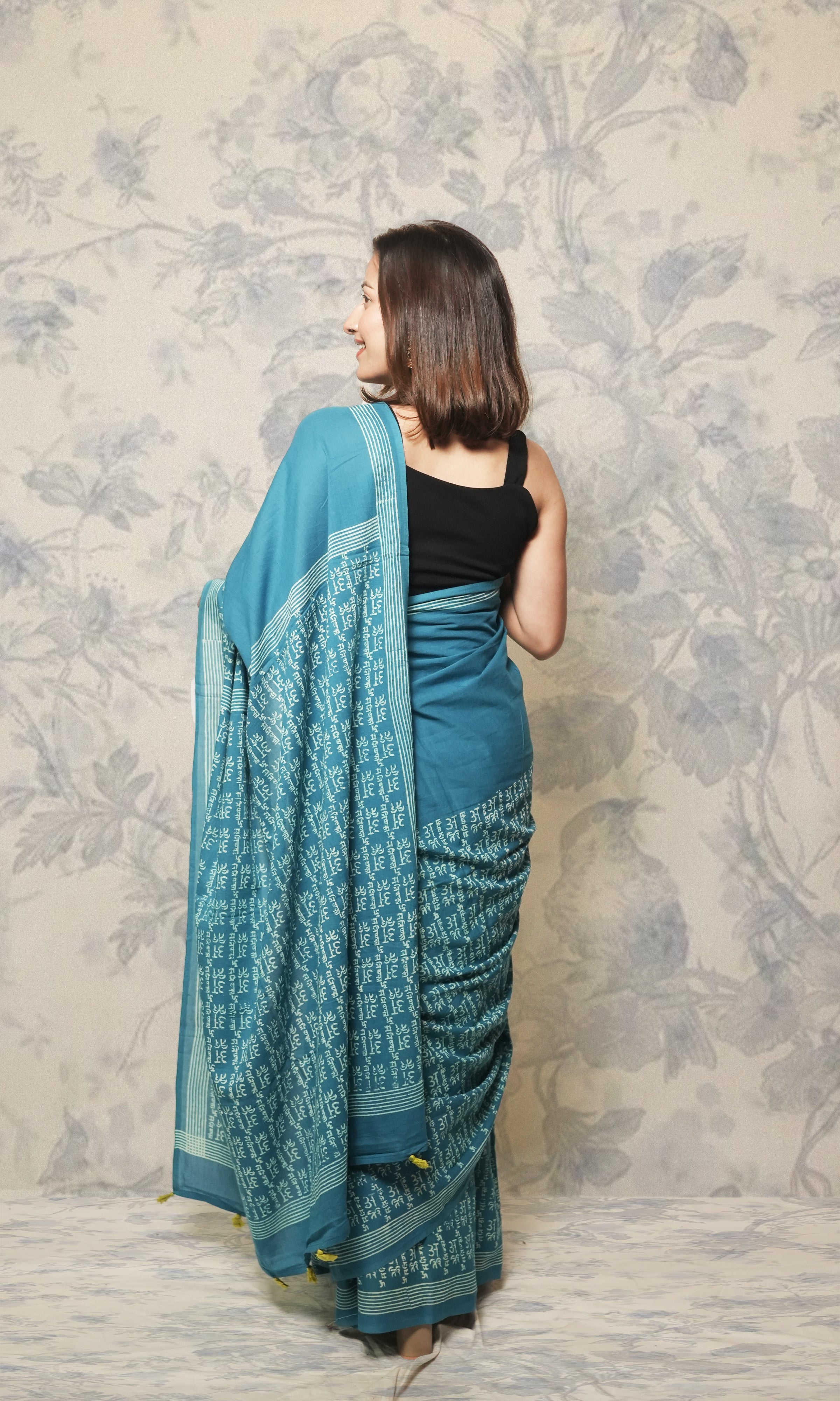 Light Blue With Mantra Blockprint  Cotton MulMul Saree Lemon Green Blouse