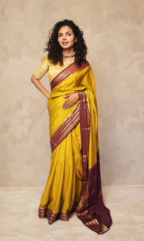 Lemon Yellow And Deep Purple Mysore Silk Saree