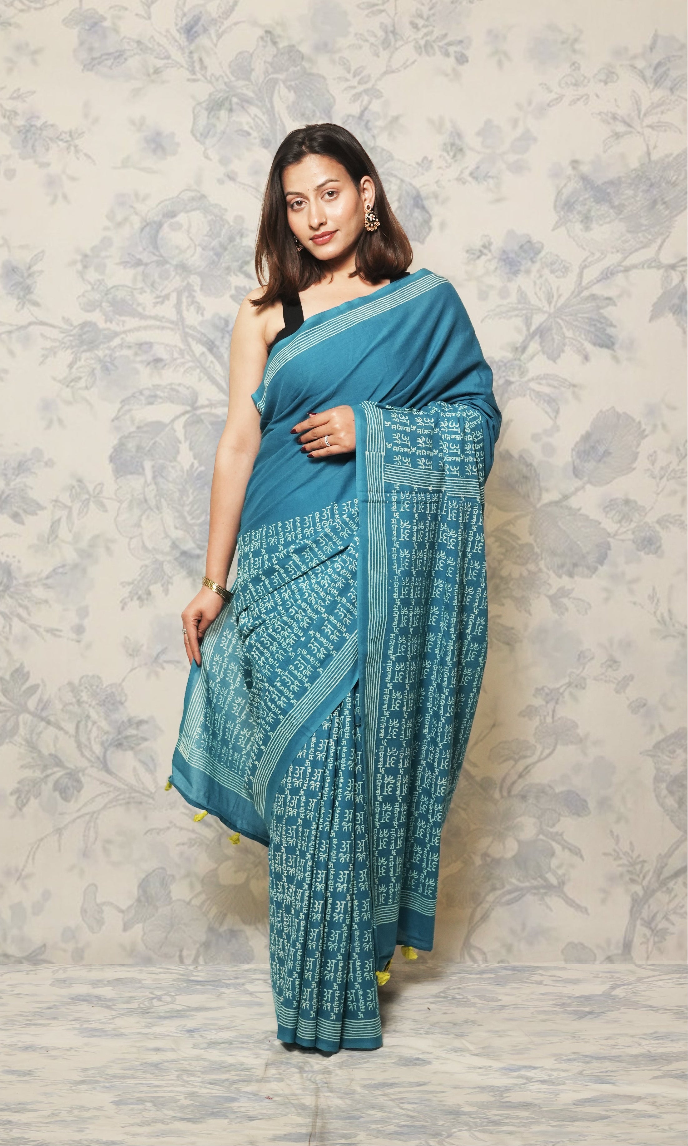 Light Blue With Mantra Blockprint  Cotton MulMul Saree Lemon Green Blouse