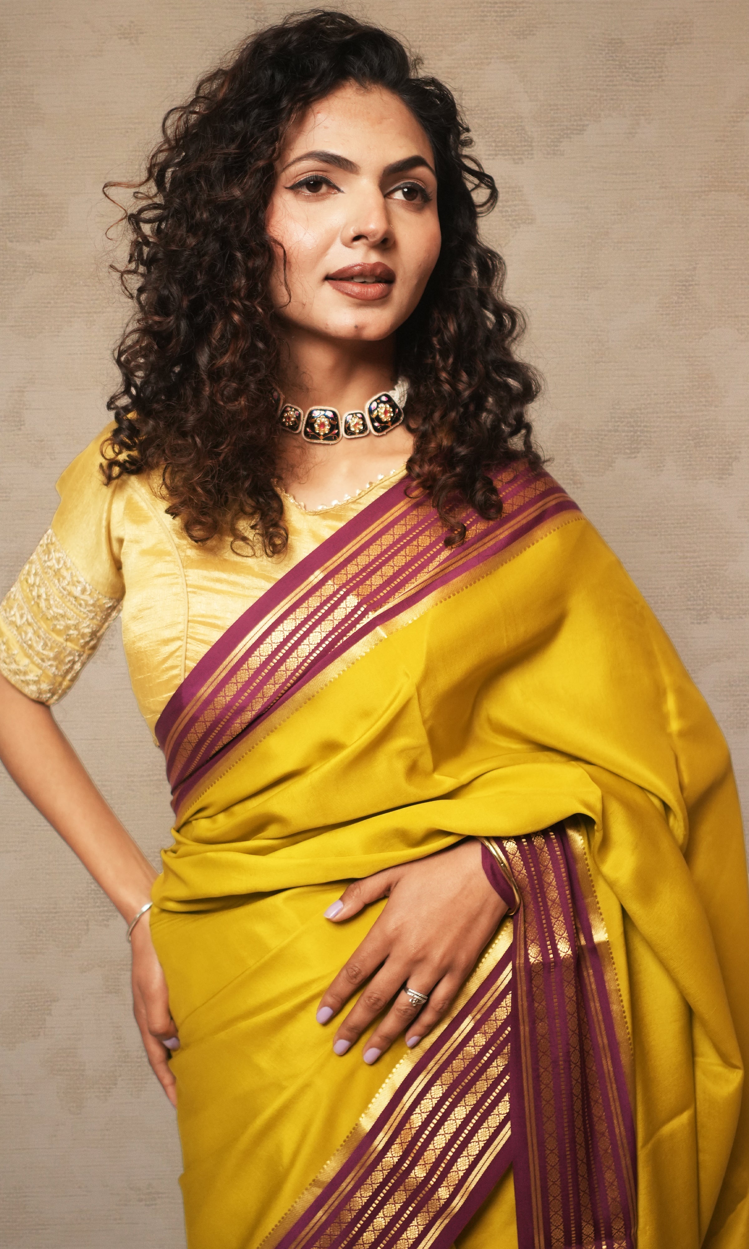 Lemon Yellow And Deep Purple Mysore Silk Saree