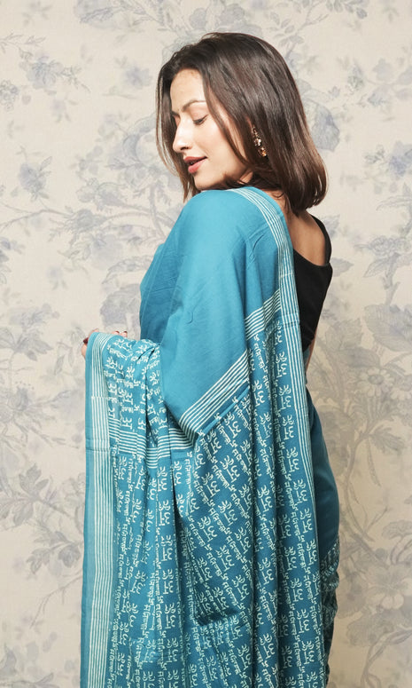 Light Blue With Mantra Blockprint  Cotton MulMul Saree Lemon Green Blouse