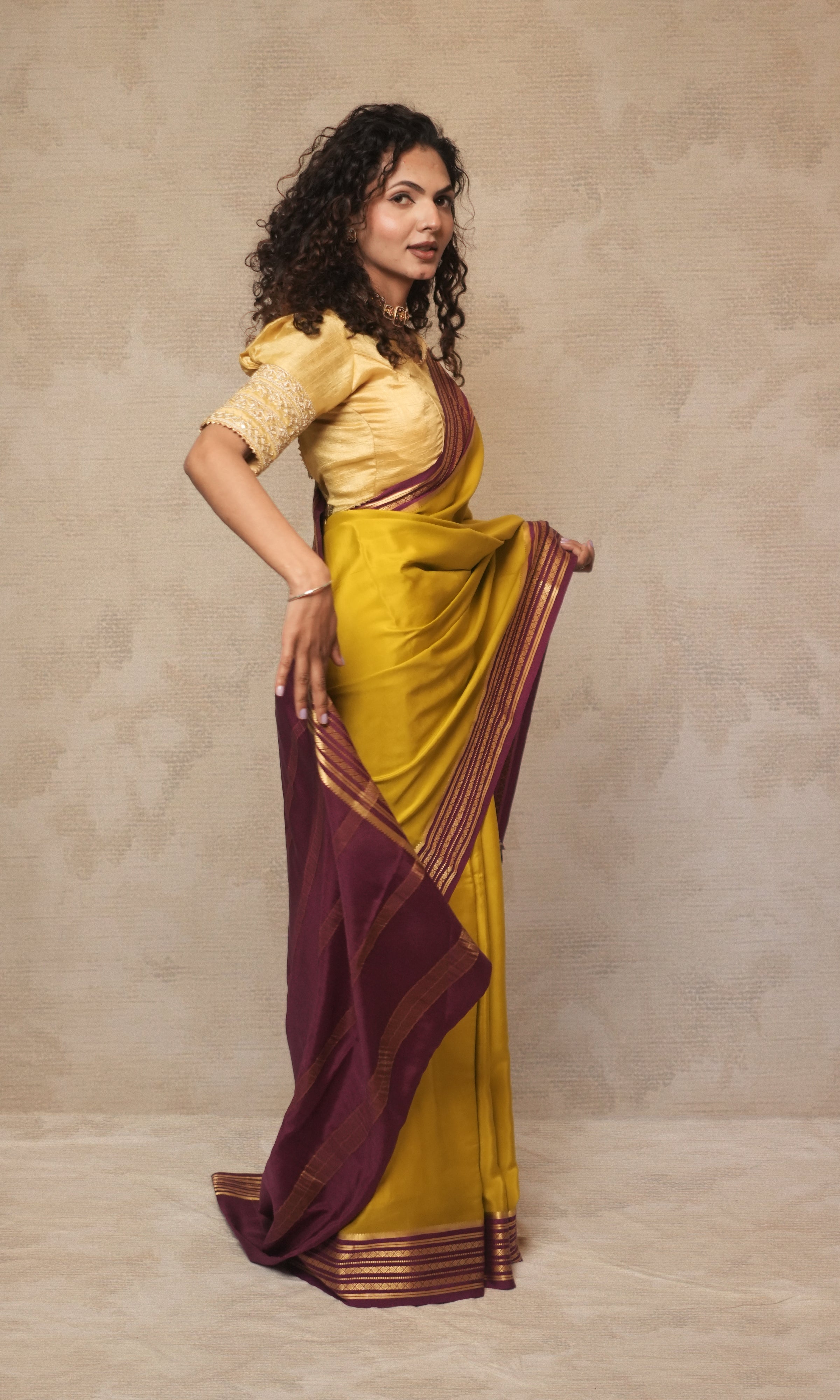 Lemon Yellow And Deep Purple Mysore Silk Saree