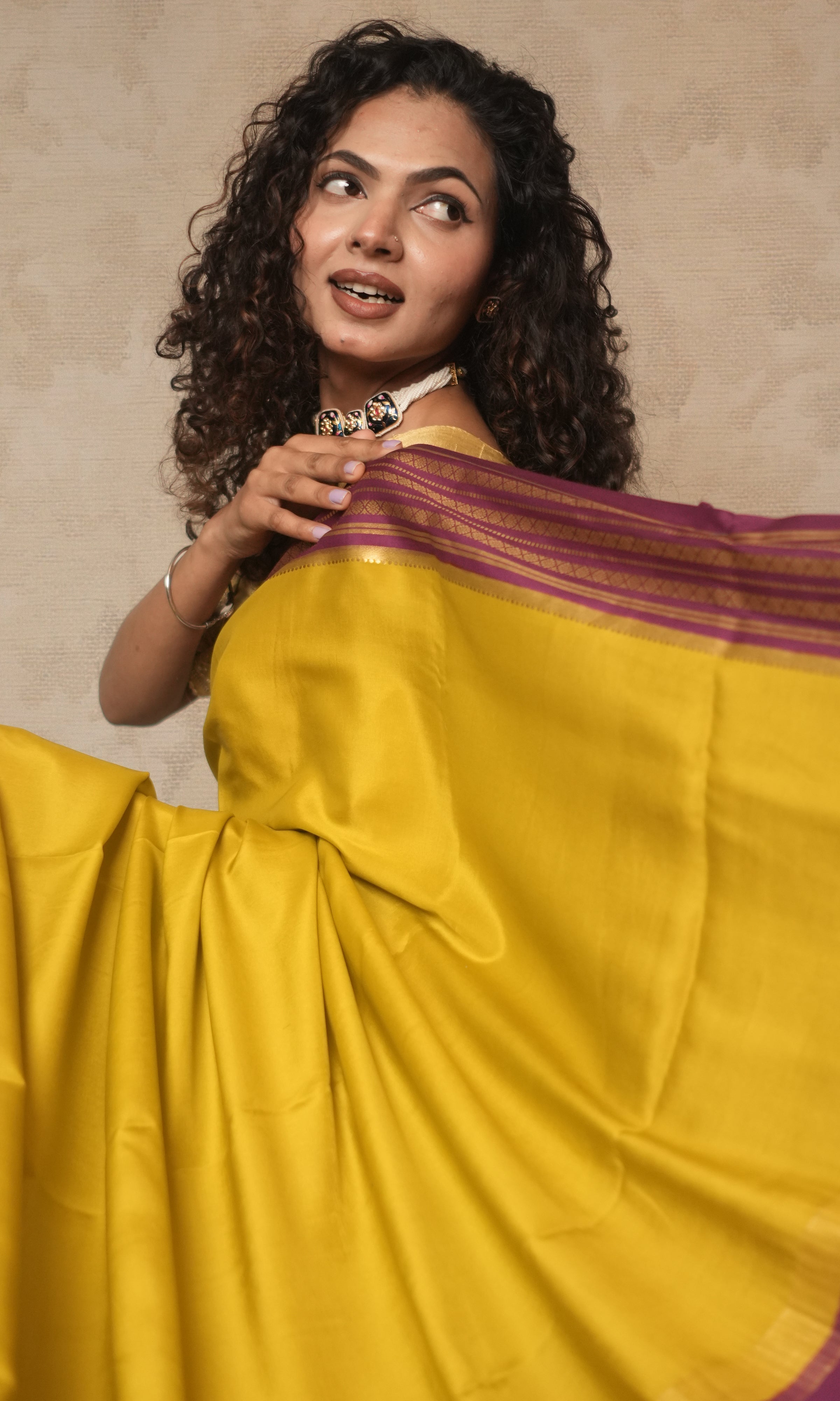 Lemon Yellow And Deep Purple Mysore Silk Saree