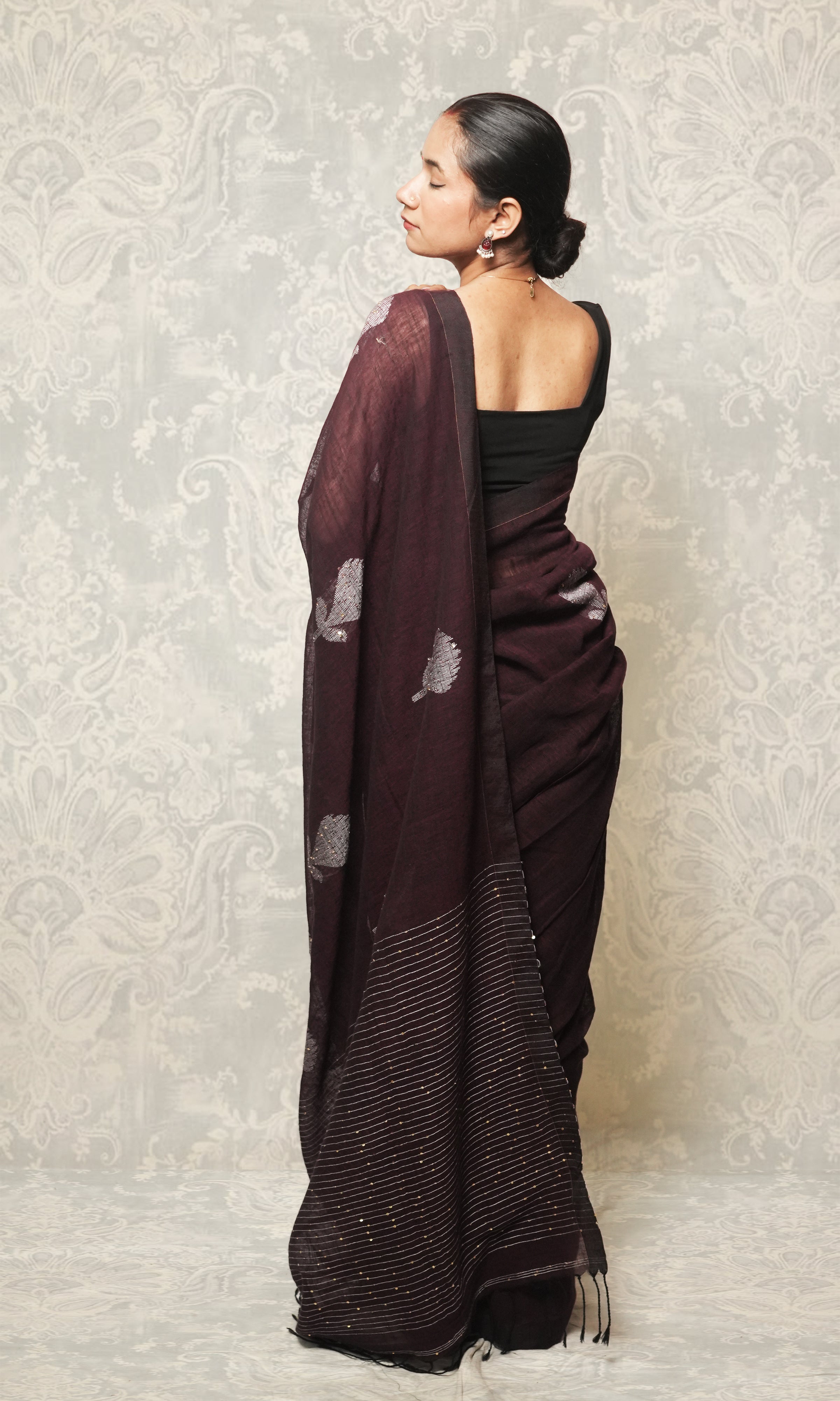 Wine Color Linen Saree With White Thread And Sequin Embroidery