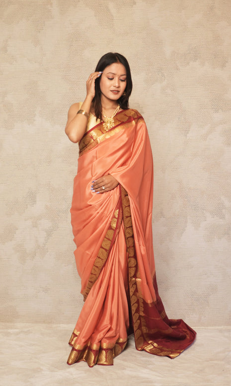 Peach And Red Mysore Silk Saree